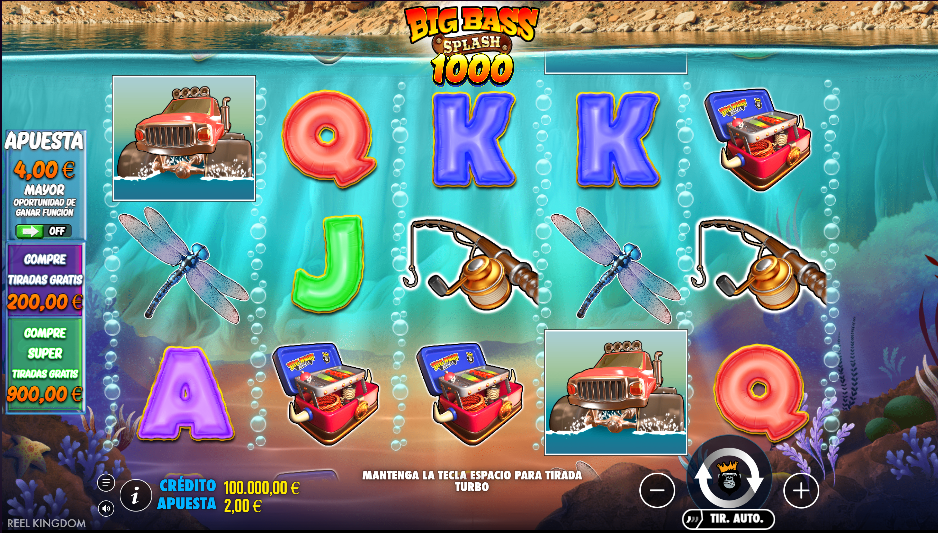 Captura de pantalla de Big Bass Splash 1000 con temática de pesca y rodillos de Pragmatic Play