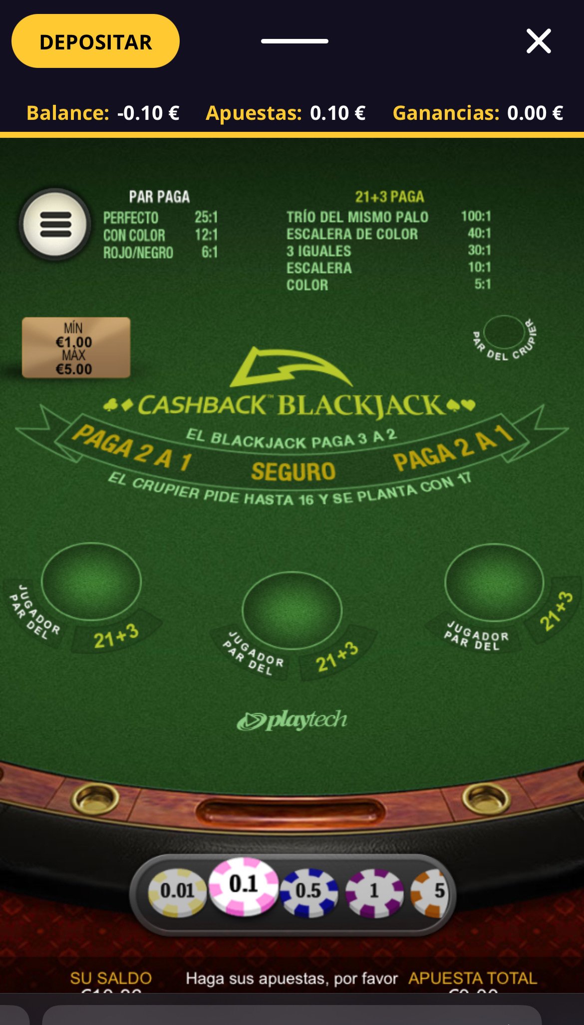 Vista de Cashback Blackjack en el móvil